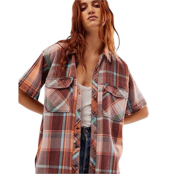 Free People We The Free Vintage Crush Plaid Shirt Brown Combo size small - Picture 1 of 10